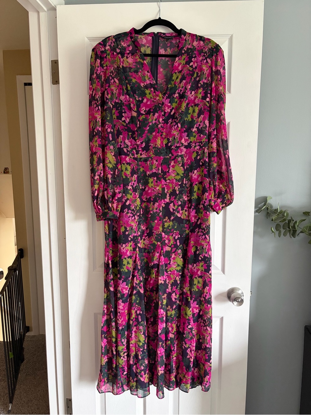 Club Monaco Pink and Green Floral V‑Neck Midi Dress